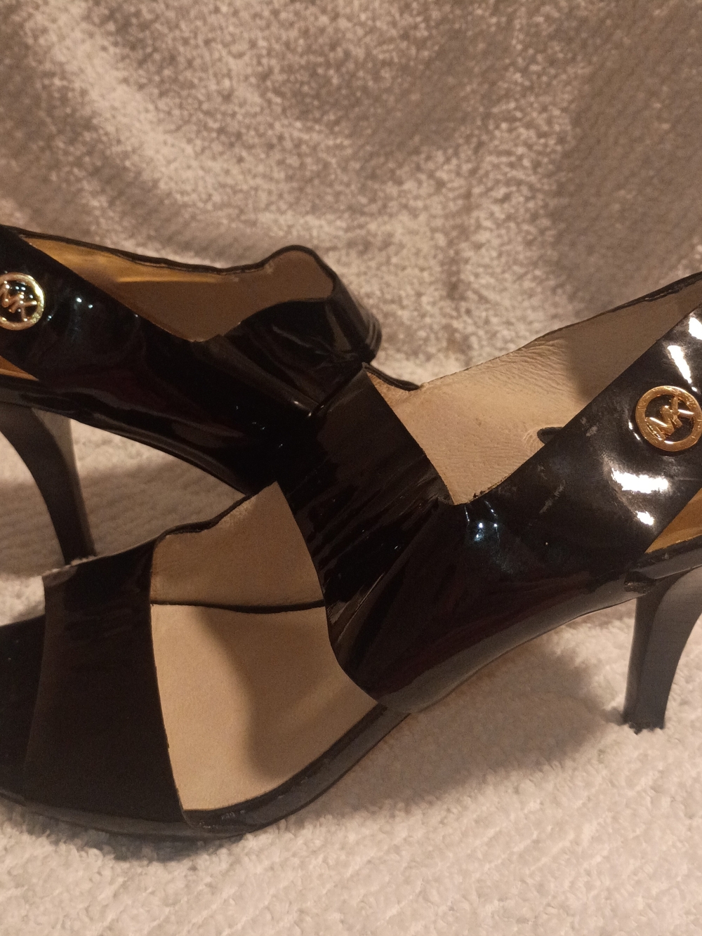 Michael Kors Black Patent Platform Heels with Gold Logo Accent